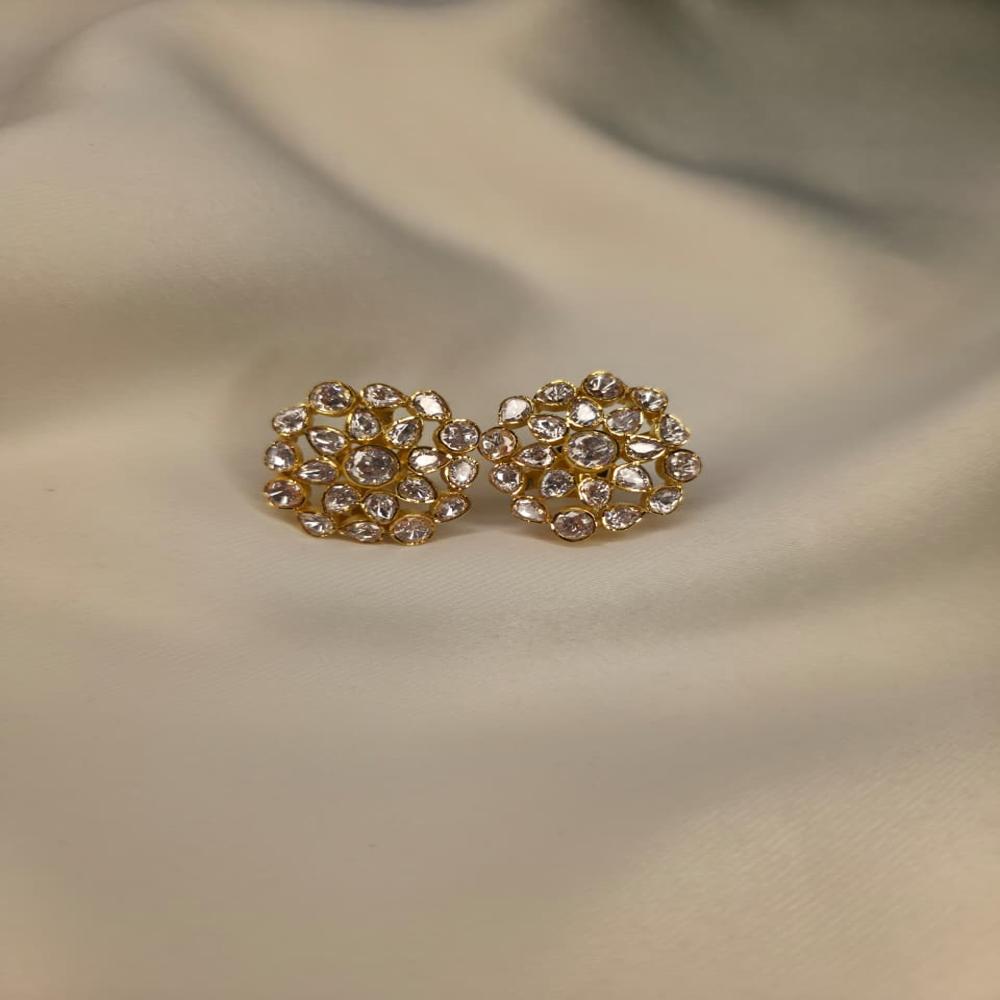 Golden Silver Studs Earrings Set - Sterling Silver Medium Round Gold Tone | Geometric Multi-Stone Rhinestone Studs Push-Back Clasp