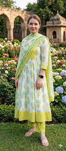 Yellow Green Color Printed Cotton Anarkali Suits