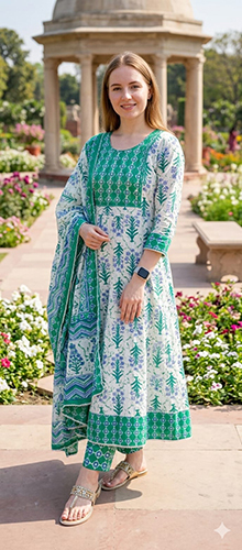 Sea Green Color Printed Cotton Anarkali Suits