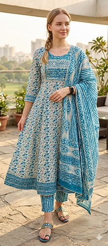 Sky Blue Color Printed Cotton Anarkali Suits