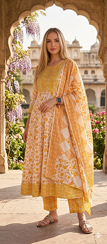 Light Orange Printed Cotton Anarkali Suits - Ethnic Region: Indian