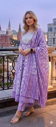 Purple Flower Printed Cotton Anarkali Suits