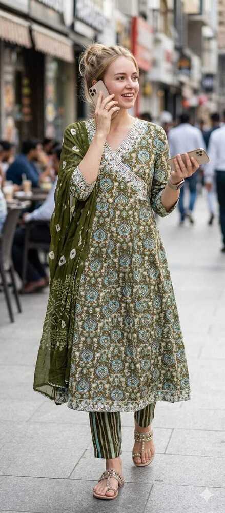 Mehndi Color Rayon Printer Anarkali Suits - Ethnic Region: Indian