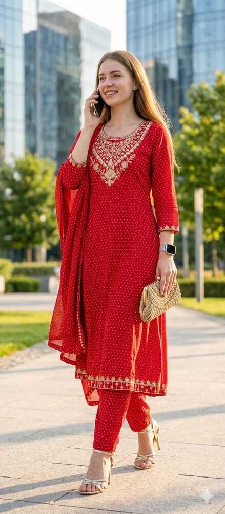 Red Color Rayon Printer Anarkali Suits - Ethnic Region: Indian