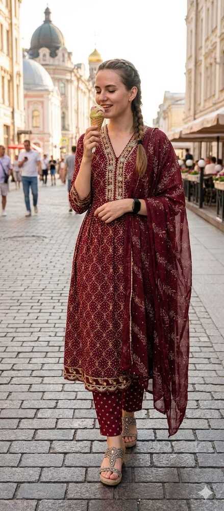 Mehroon Color Rayon Printer Anarkali Suits - Ethnic Region: Indian