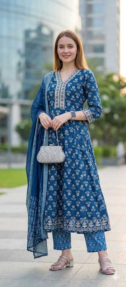 Blue Color Rayon Printer Anarkali Suits - Ethnic Region: Indian