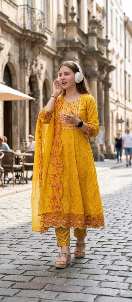 Yellow Color Rayon Printer Anarkali Suits