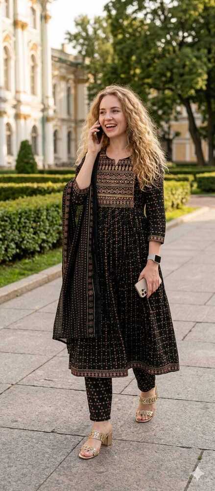 Black Color Rayon Printer Anarkali Suits - Ethnic Region: Indian