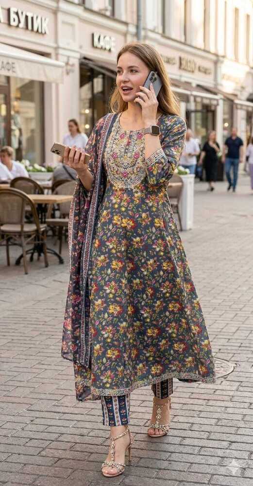 Grey Color Rayon Printer Anarkali Suits