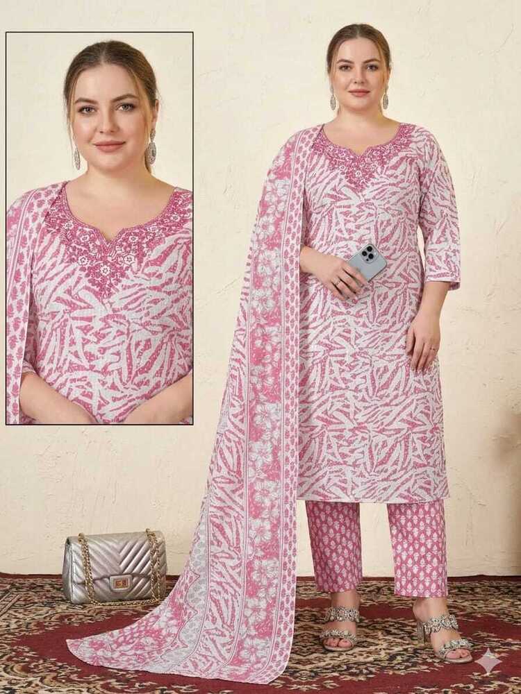 Printed Cotton Suit - Color: Pink And White