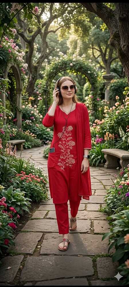 Red Color Printed Cotton Suit