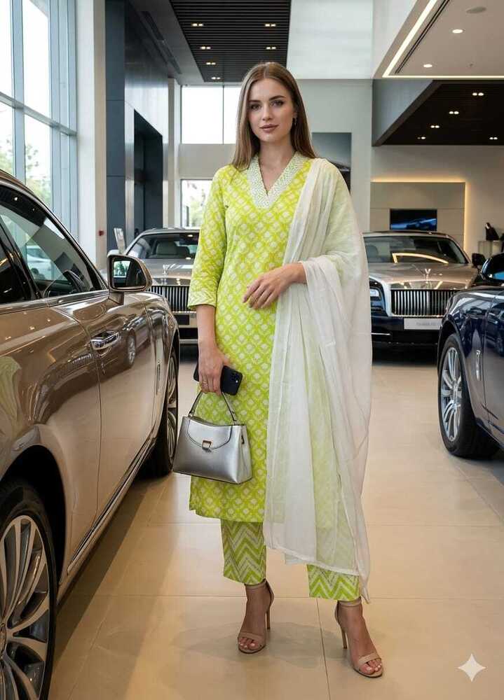 Light Green Color Printed Cotton Suit