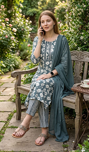 Grey Color Printed Cotton Suit