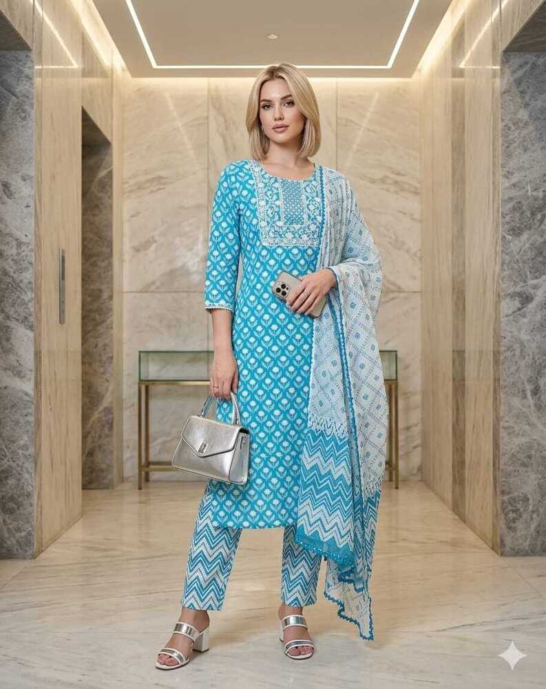 Sky Blue Color Printed Cotton Suit