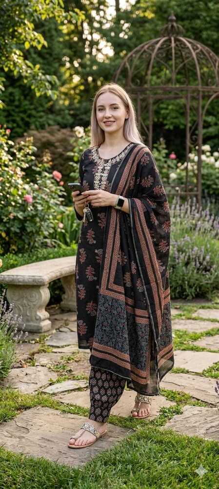 Black Color Printed Cotton Suit