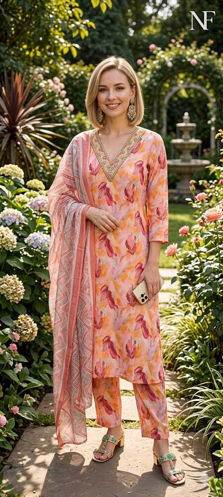Leaf Printed Cotton Suit