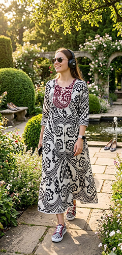 White Color With Black Color Rayon One Piece Gown