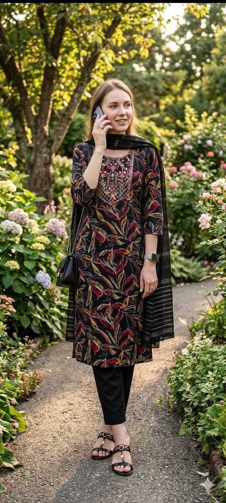 Black Color Rayon Printed Suit