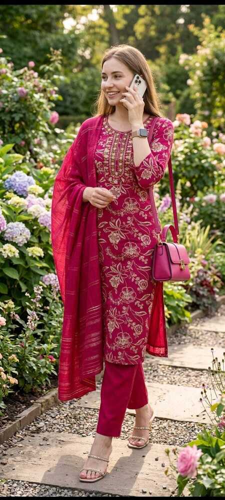 Pink Color Rayon Printed 3 Pcs Suit