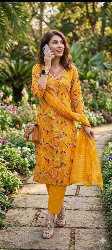 Yellow Color Rayon Printed 3 Pcs Suit