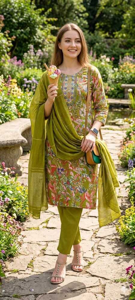 Green Color Rayon Printed 3Pcs Suit