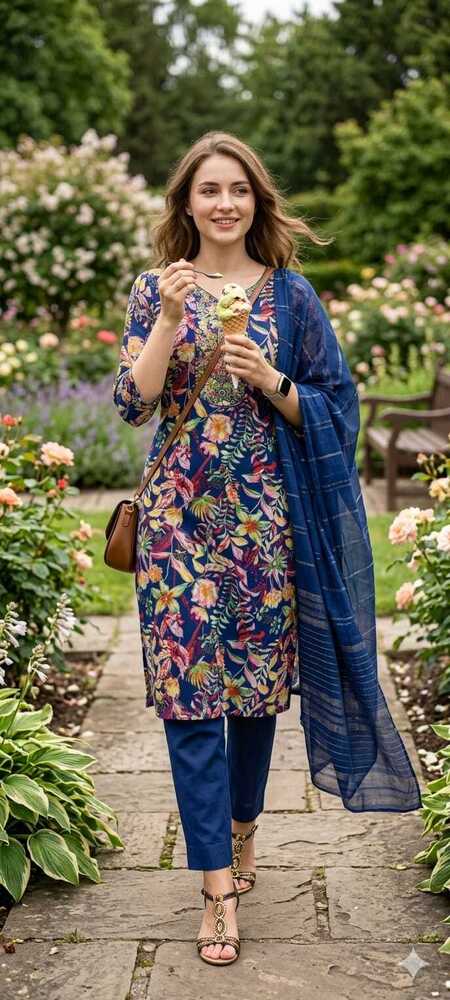 Blue Color Rayon Printed 3 Pcs Suit