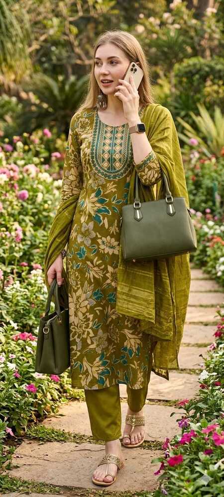 Mehndi Green Color Rayon Printed 3 Pcs Suit