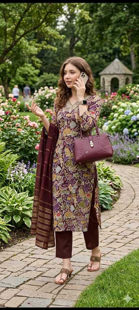 Brown Color Rayon Printed 3 Pcs Suit