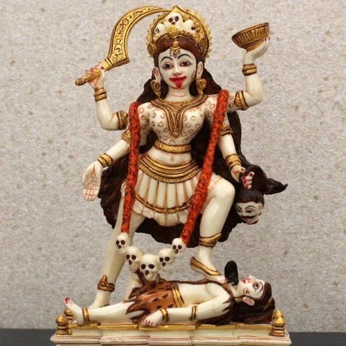 Painted Marble Kali Mata Statue - Makrana Marble, 15x9x8 inches, Multicolor Glossy Finish, Handcrafted Detailing