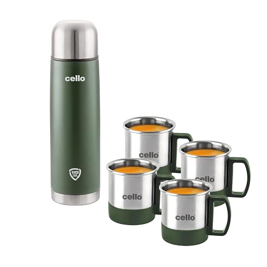 CELLO Duro Classic Vacusteel Flask with Mugs Gift Set | Leak-Proof Design with DTP Coating | Ideal for Coffee, Tea, Hot Chocolate, or Iced Beverages | 5 Unit, Black