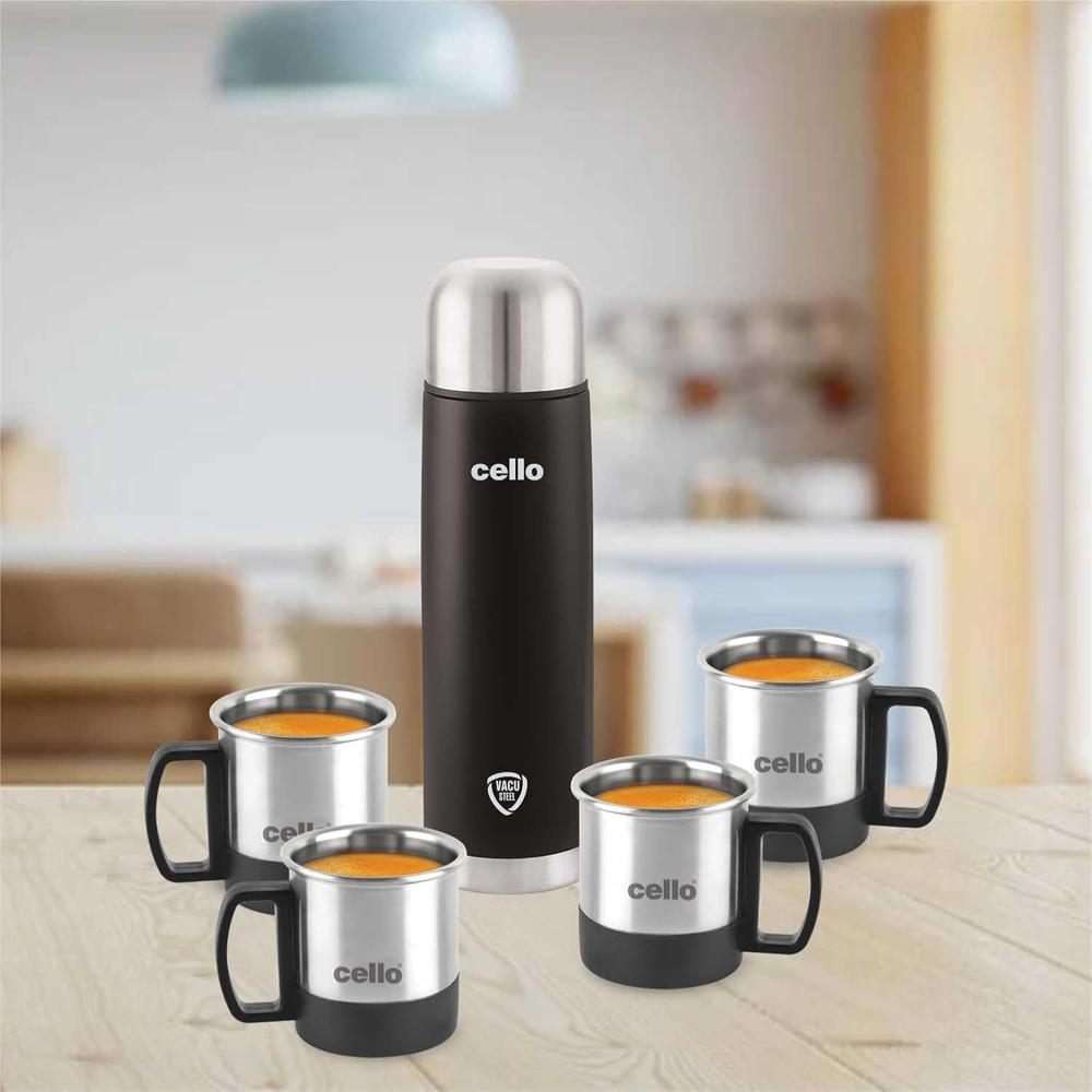 CELLO Duro Classic Vacusteel Flask with Mugs Gift Set | Leak-Proof Design with DTP Coating | Ideal for Coffee, Tea, Hot Chocolate, or Iced Beverages | 5 Unit, Black
