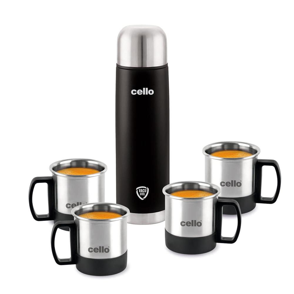 CELLO Duro Classic Vacusteel Flask with Mugs Gift Set | Leak-Proof Design with DTP Coating | Ideal for Coffee, Tea, Hot Chocolate, or Iced Beverages | 5 Unit, Black