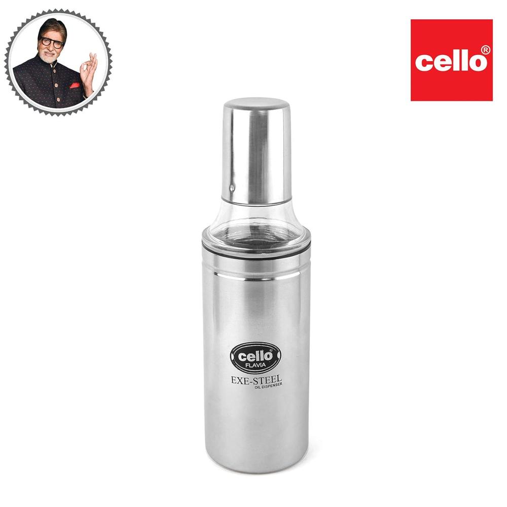 CELLO Flavia Stainless Steel Cooking Oil Pourer/Dispenser with Nozzle 350 ml, Silver | Food Grade, BPA Free, Airtight Lid with Leakproof Nozzle | Easy Pouring Steel Oil Dispenser Bottle For Kitchen