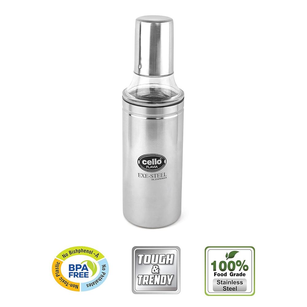CELLO Flavia Stainless Steel Cooking Oil Pourer/Dispenser with Nozzle 350 ml, Silver | Food Grade, BPA Free, Airtight Lid with Leakproof Nozzle | Easy Pouring Steel Oil Dispenser Bottle For Kitchen