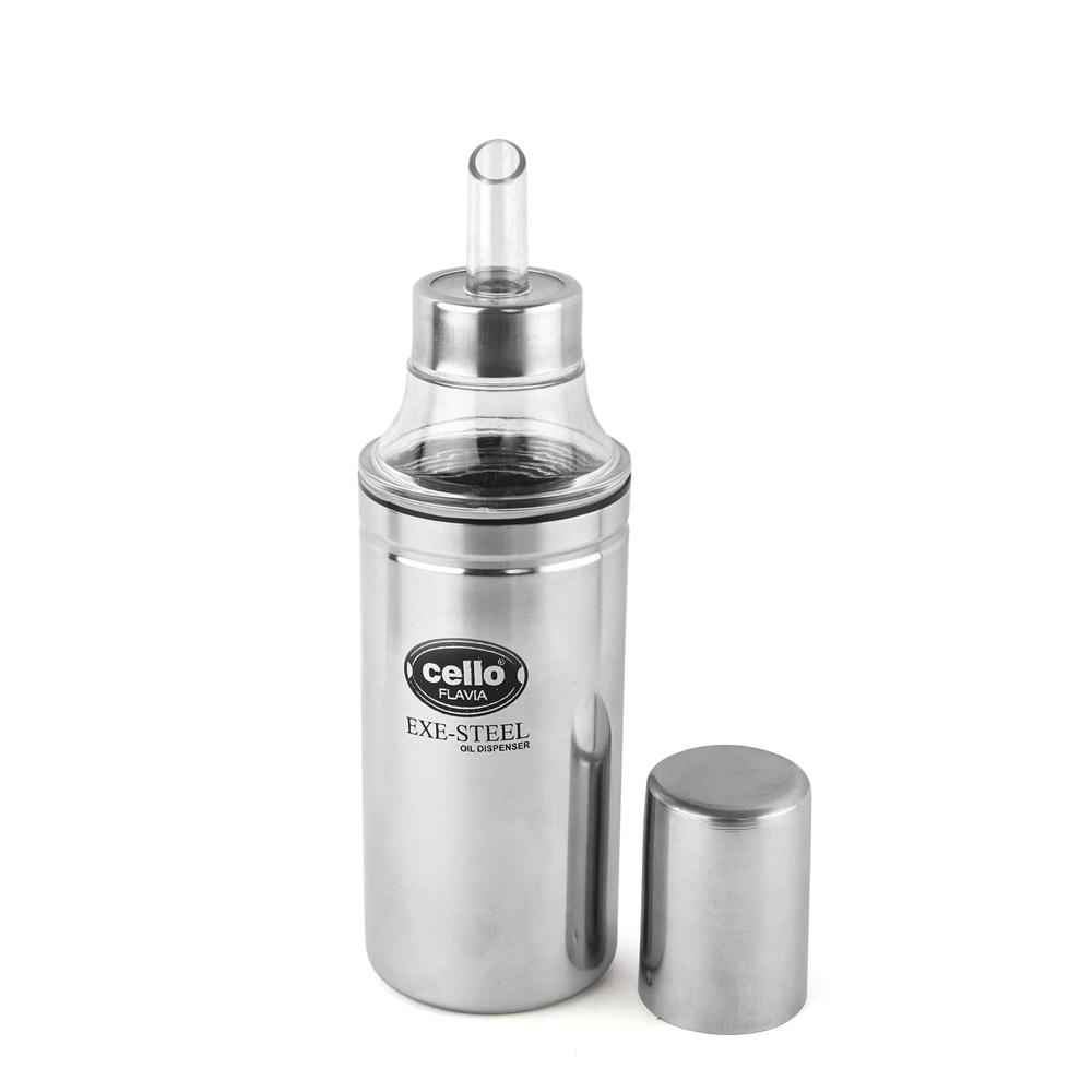 CELLO Flavia Stainless Steel Cooking Oil Pourer/Dispenser with Nozzle 500 ml, Silver | Food Grade, BPA Free, Airtight Lid with Leakproof Nozzle | Easy Pouring Steel Oil Dispenser Bottle For Kitchen
