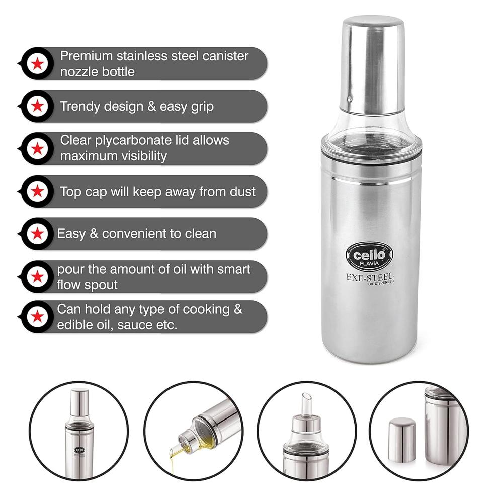 CELLO Flavia Stainless Steel Cooking Oil Pourer/Dispenser with Nozzle 500 ml, Silver | Food Grade, BPA Free, Airtight Lid with Leakproof Nozzle | Easy Pouring Steel Oil Dispenser Bottle For Kitchen