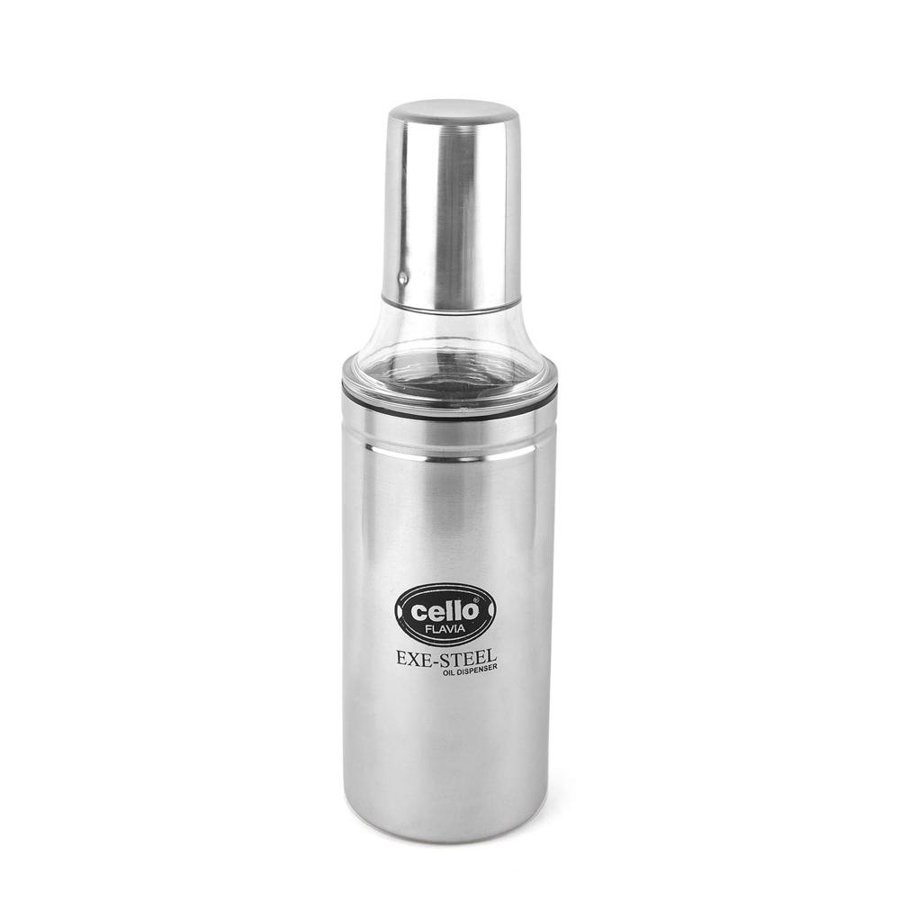 CELLO Flavia Stainless Steel Cooking Oil Pourer/Dispenser with Nozzle 1000 ml, Silver | Food Grade, BPA Free, Airtight Lid with Leakproof Nozzle | Easy Pouring Steel Oil Dispenser Bottle For Kitchen