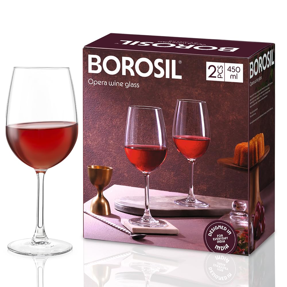 Borosil 450ml x 2pc Opera Wine Glass Set | Wine Glasses for Red & White Wine, Cocktails & Mocktails | Elegant Glassware for Home, Parties & Gifting BGFGSD00005 