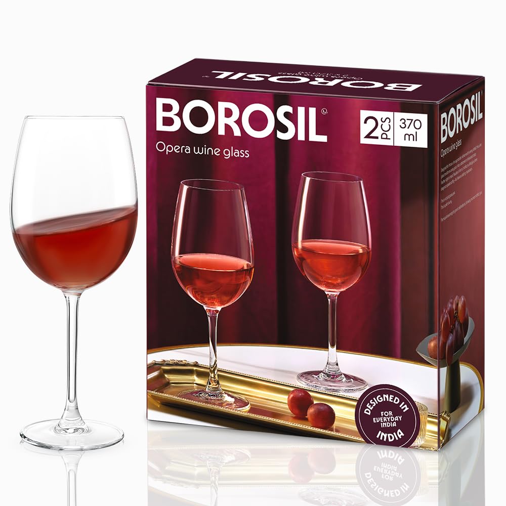 Borosil 370ml x 2pc Opera Wine Glass Set | Wine Glasses for Red & White Wine, Cocktails & Mocktails | Elegant Glassware for Home, Parties & Gifting BGFGSD00006 