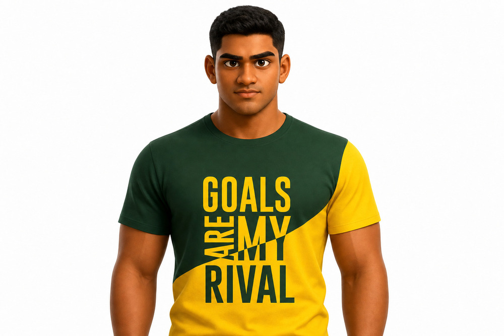 Green Yellow Mens T-Shirt - Cotton Blend, Multiple Sizes, Color Block with Bold 'Goals Are My Rival' Print, Breathable
