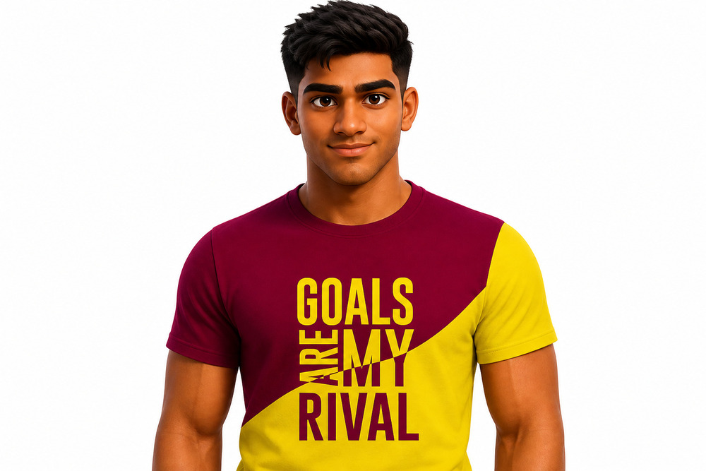 Maroon Yellow Mens T-Shirt - Cotton Blend, Regular Fit, Half Sleeve, Color Block with Motivational Print