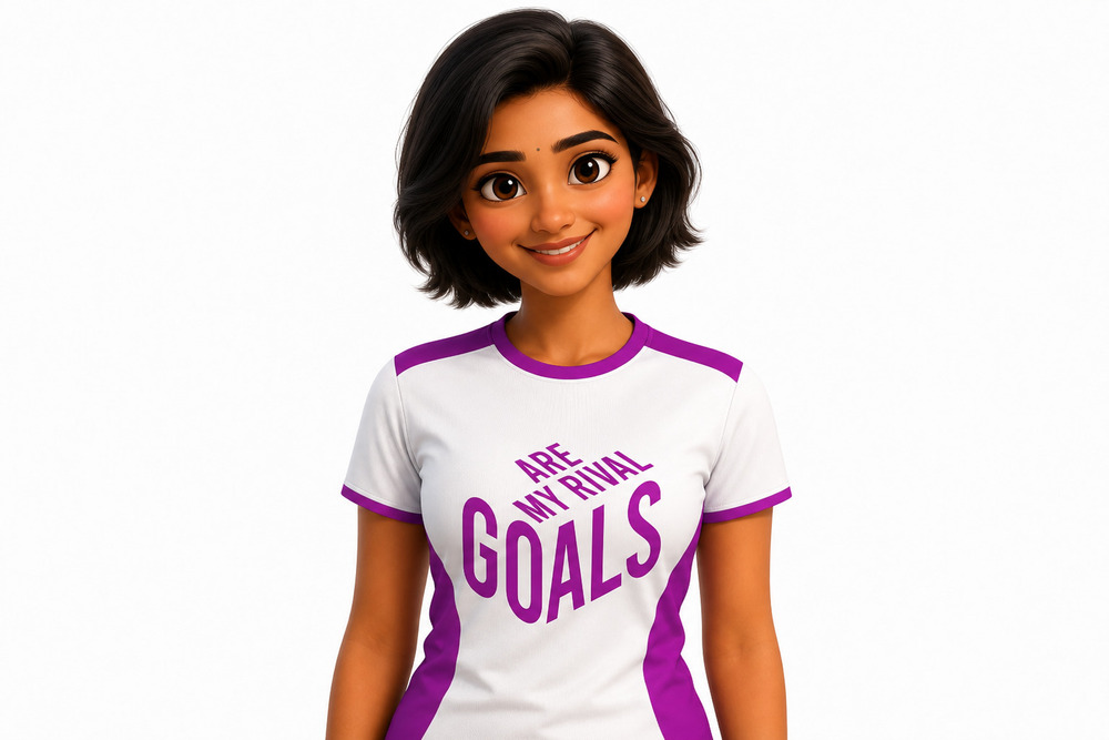 White Purple Ladies T-Shirt - Cotton Blend, Multiple Sizes, White & Purple | Regular Fit, Ribbed Round Neck, Front Text Print "Set New Goals"