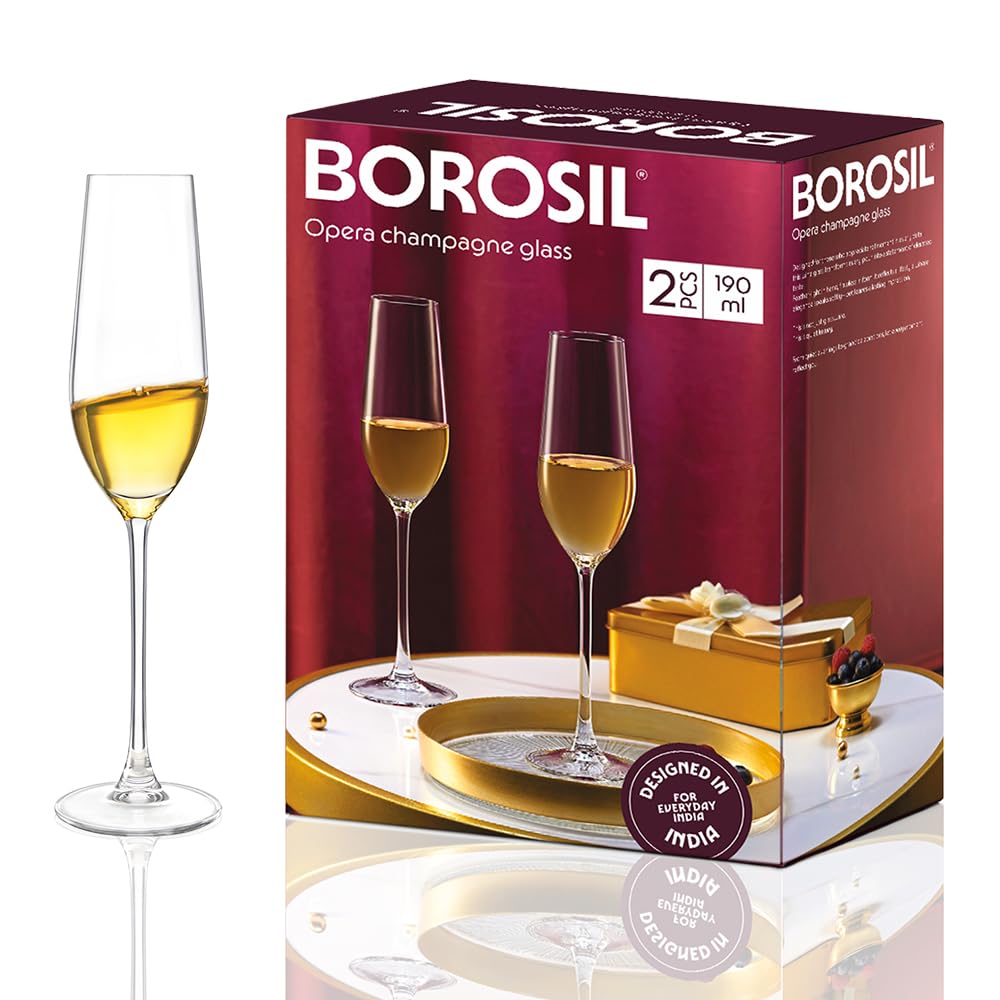 Borosil 190ml x 2pc Opera Champagne Glass Set | Flute for Champagne, Sparkling Wine, Prosecco & Cocktails | Elegant Glassware for Celebrations & Gifting BGFGSD00007 