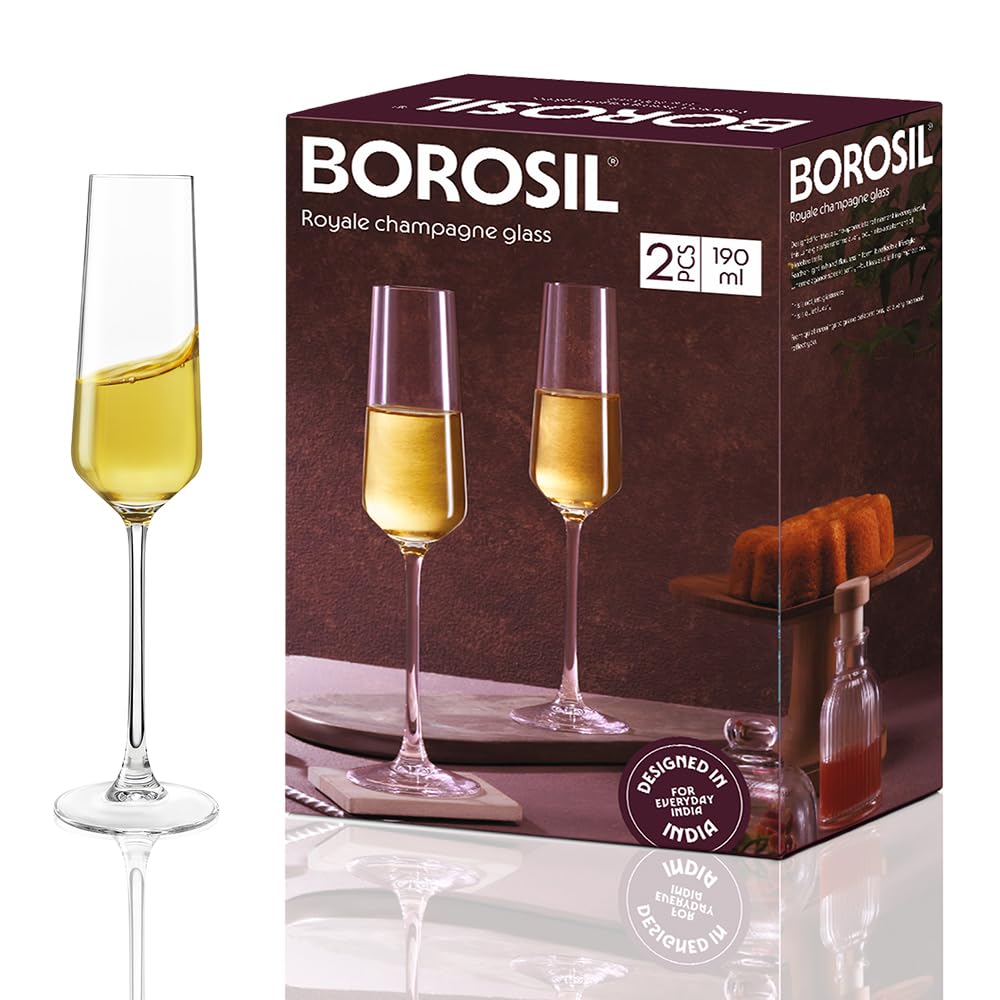 Borosil 190ml x 2pc Royale Champagne Glass Set | Wine Glasses for Red & White Wine, Cocktails & Mocktails | Elegant Glassware for Home, Parties & Gifting  BGFGSD00004 