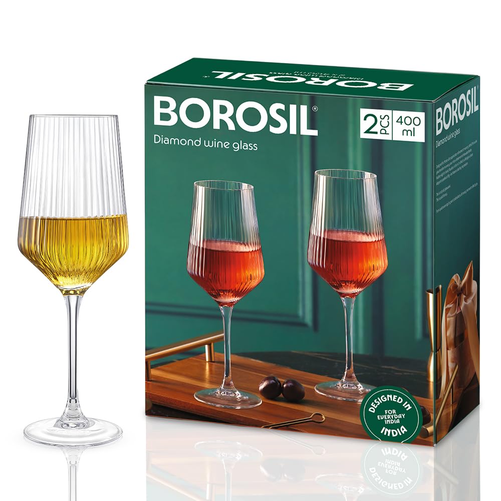 Borosil 400ml x 2pc Diamond Wine Glass Set | Wine Glasses for Red & White Wine, Cocktails & Mocktails | Elegant Glassware for Home, Parties & Gifting BGFGSD00001