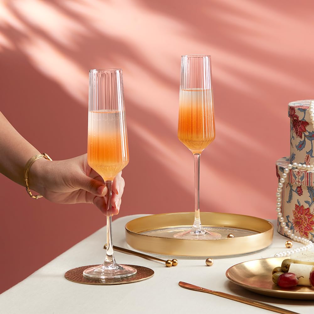 Borosil 190ml x 2pc Diamond Champagne Glass Set | Flute for Champagne, Sparkling Wine, Prosecco & Cocktails | Elegant Glassware for Celebrations & Gifting BGFGSD00002