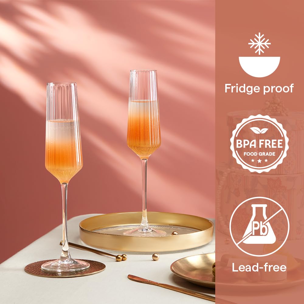 Borosil 190ml x 2pc Diamond Champagne Glass Set | Flute for Champagne, Sparkling Wine, Prosecco & Cocktails | Elegant Glassware for Celebrations & Gifting BGFGSD00002