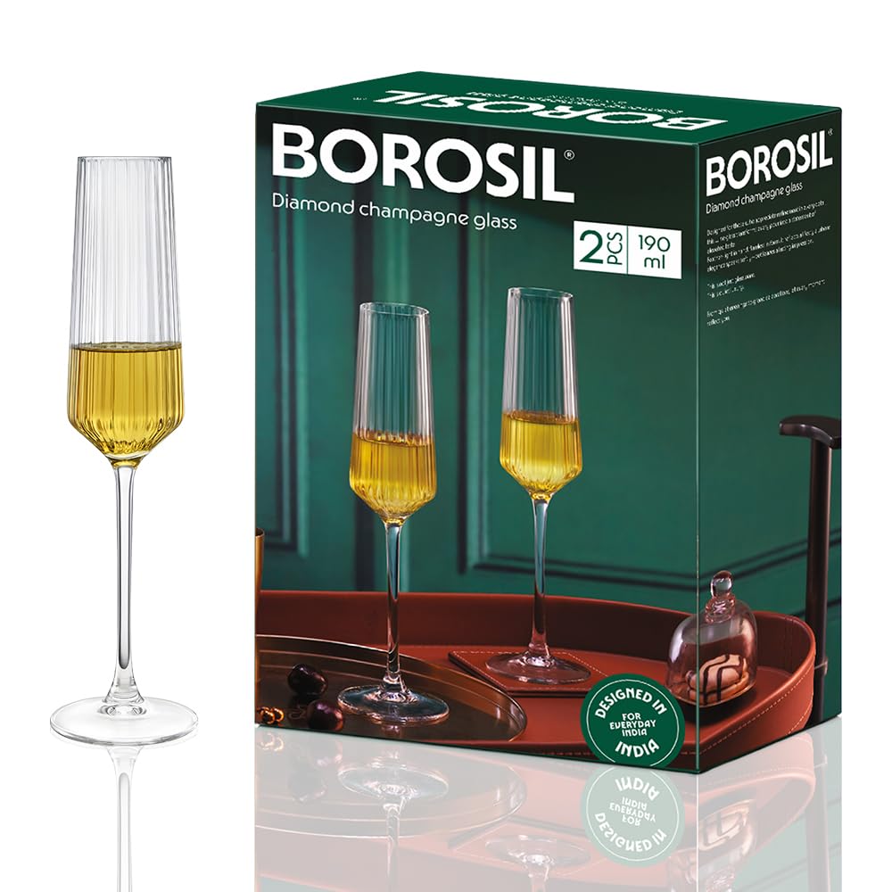 Borosil 190ml x 2pc Diamond Champagne Glass Set | Flute for Champagne, Sparkling Wine, Prosecco & Cocktails | Elegant Glassware for Celebrations & Gifting BGFGSD00002