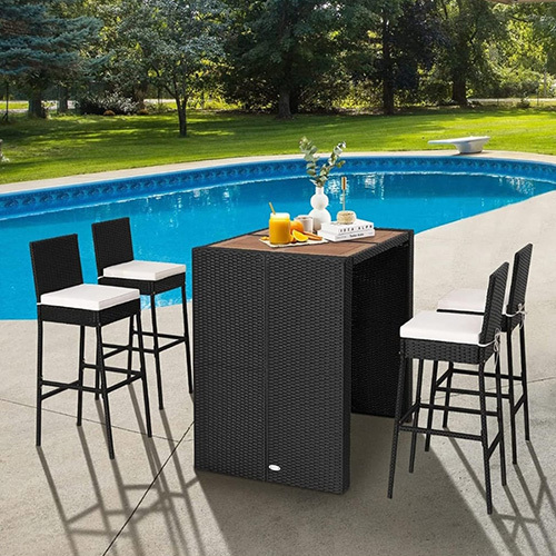 Rattan Outdoor Bar Chairs - Color: Black/Grey (Rattan With White/Beige Cushions)