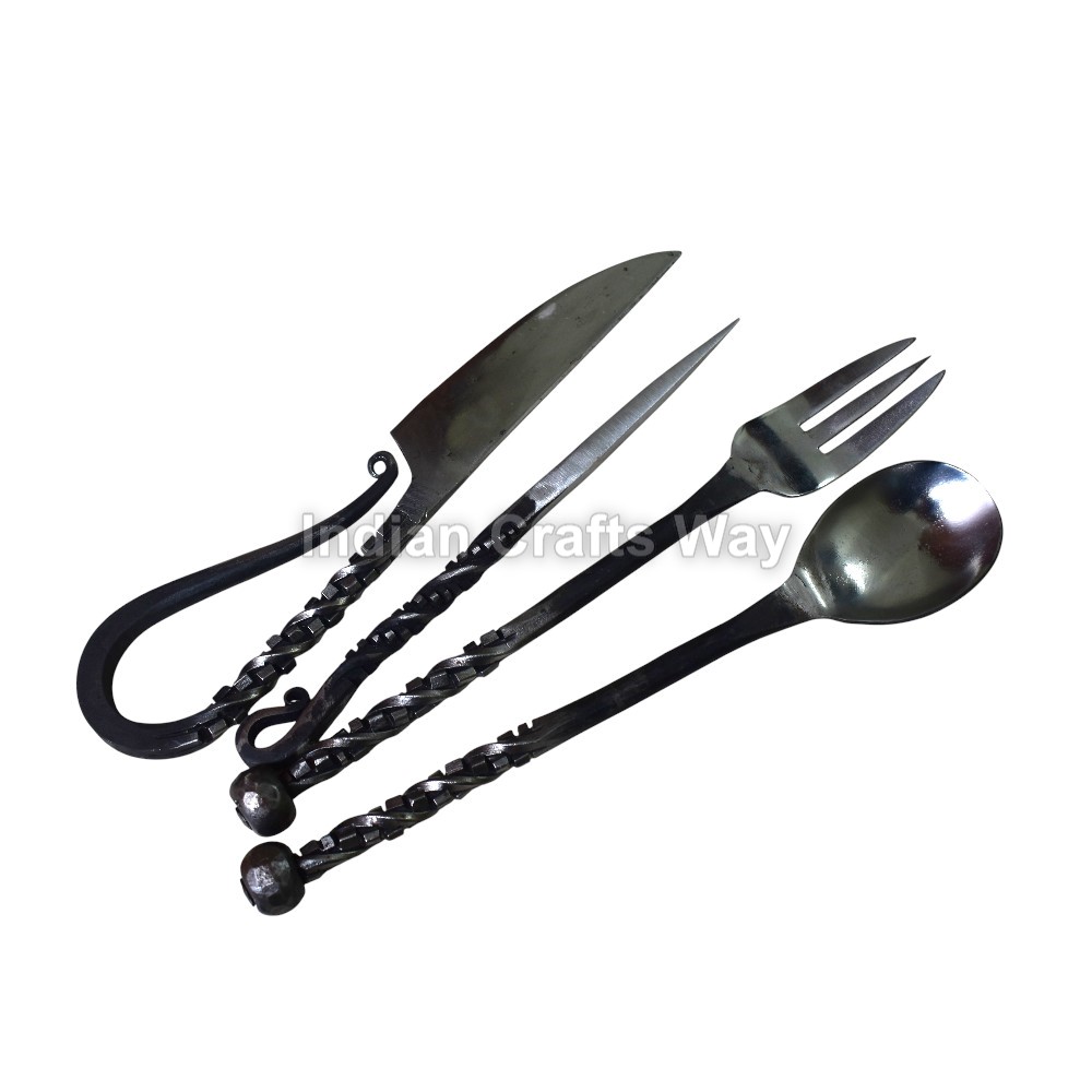 Hand Forged Medieval Iron Cutlery Set With Food Stick 